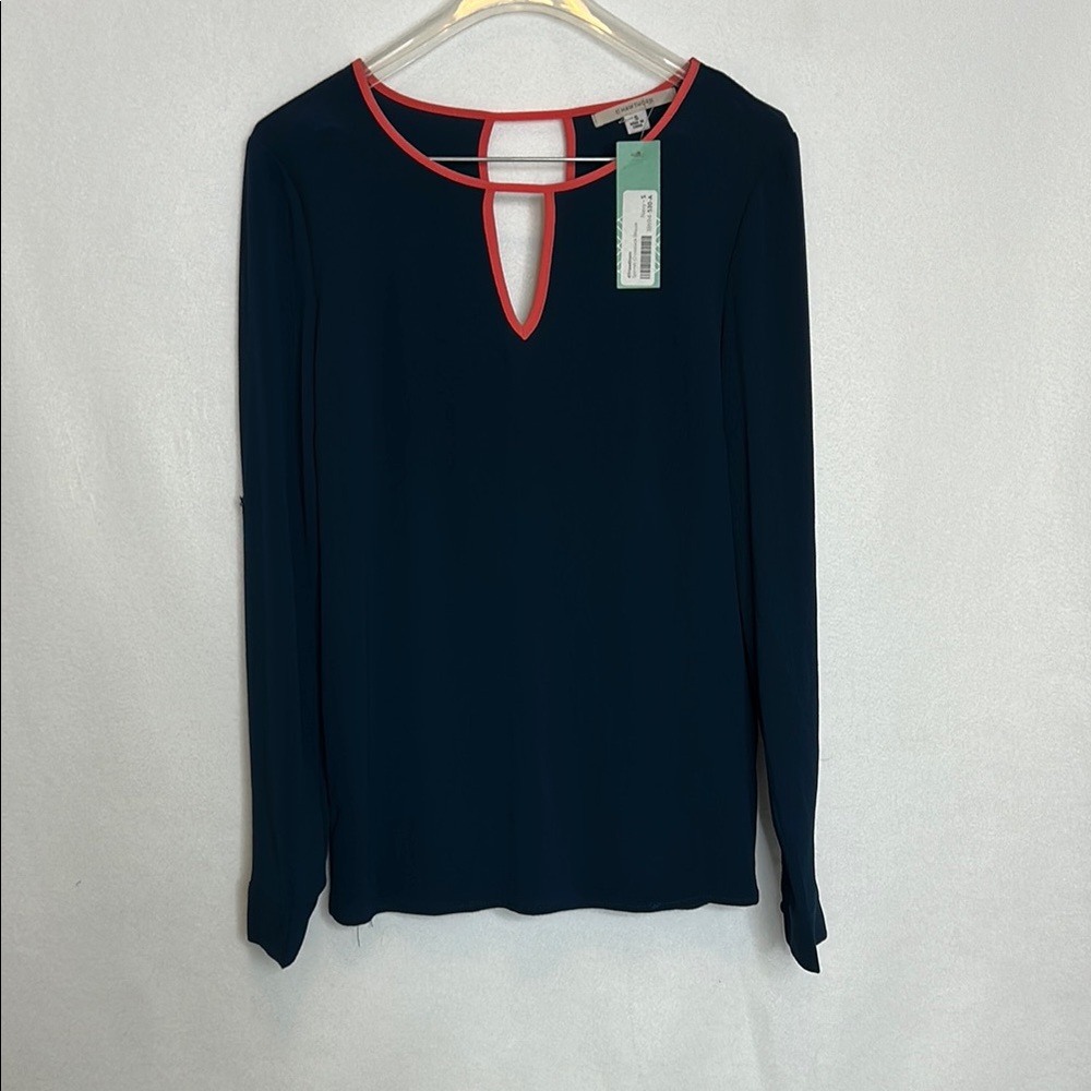 Navy Blue Long Sleeve Top with Salmon Colored Trim